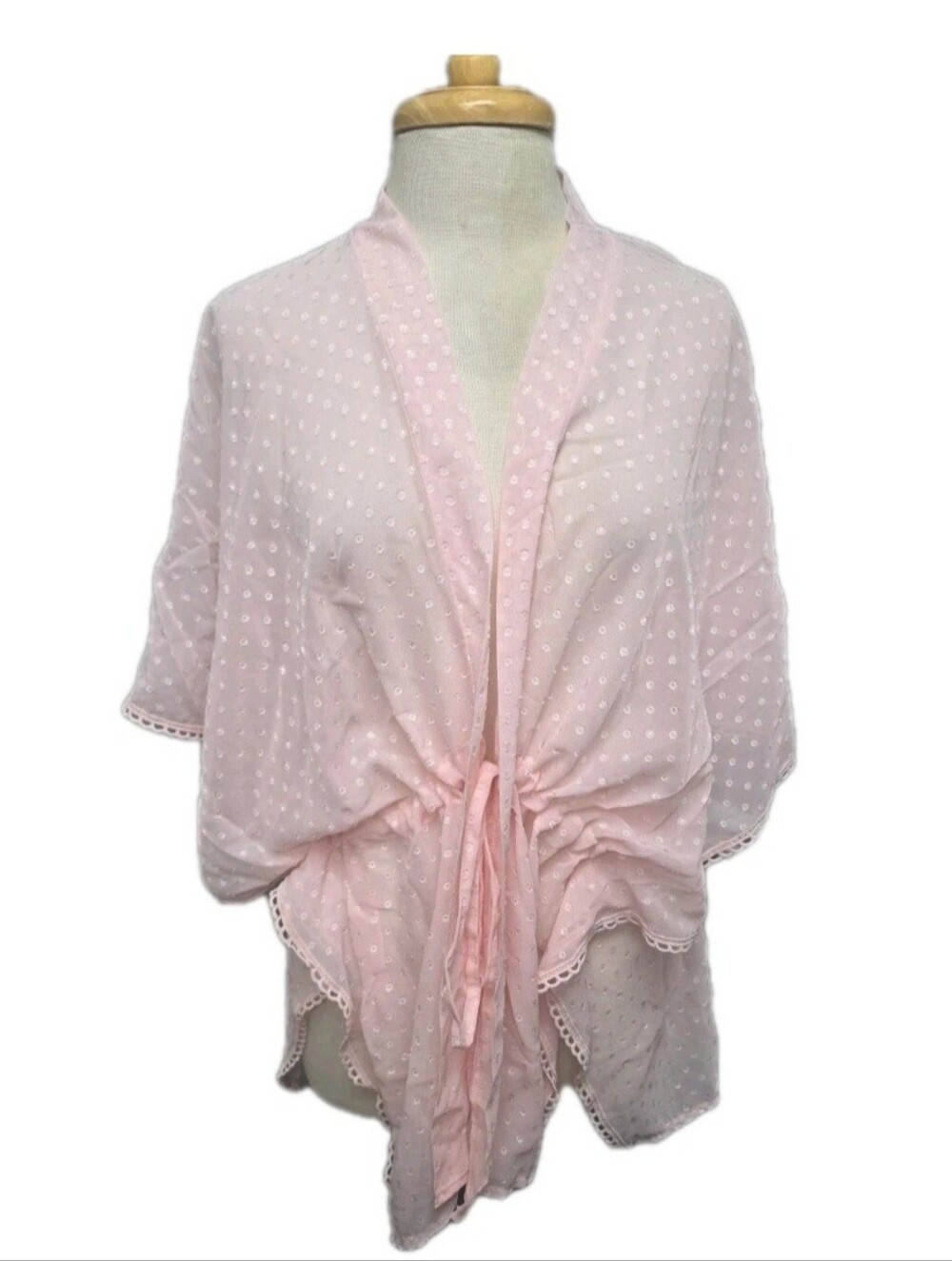 Time and Tru Women's Pink Dot Drawstring Ruffle Kimono Style Robe Size L / XL